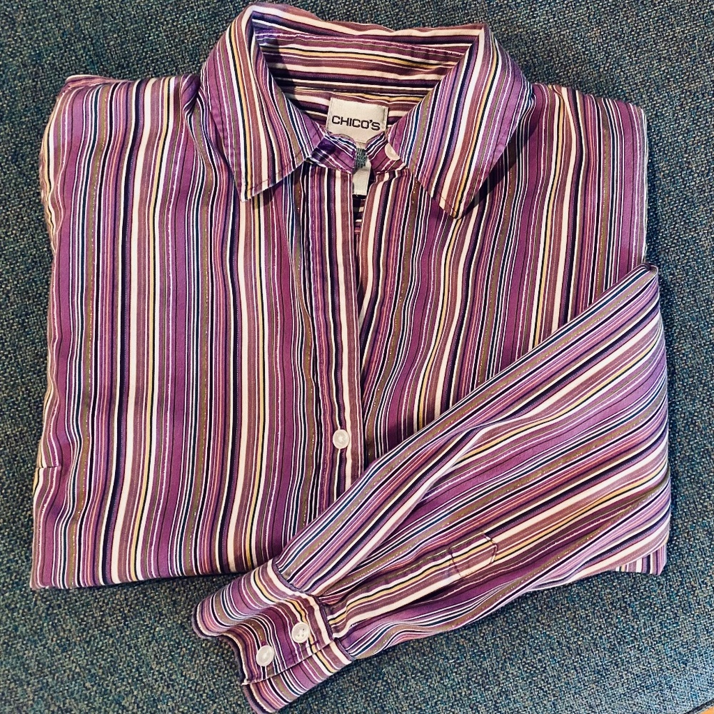 💜 💚Chico’s Long Sleeve White, Black, Purple & Green Striped Button Down Blouse